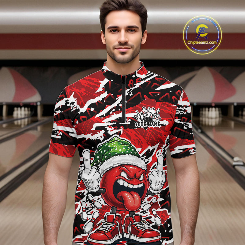 Custom Funny Christmas Bowling Men Quarter-Zip Shirts, Crazy Bowling Ball Xmas Outfit IPHW10131