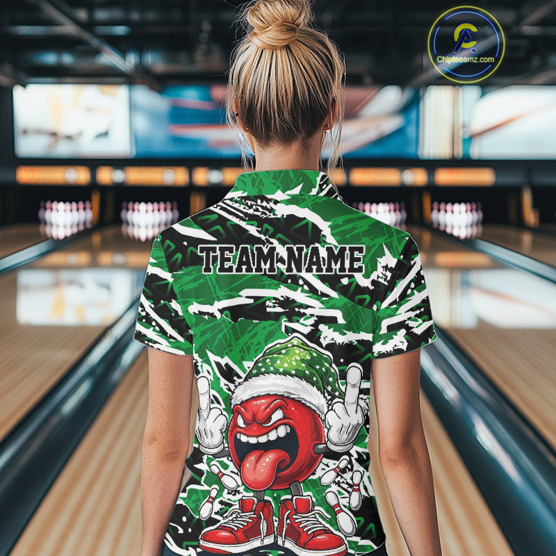 Custom Funny Christmas Bowling Women Polo Shirts, Crazy Bowling Ball Xmas Outfit IPHW10132