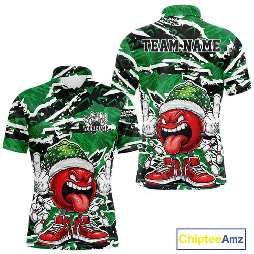Custom Funny Christmas Bowling Men Polo Shirts, Crazy Bowling Ball Xmas Outfit IPHW10132