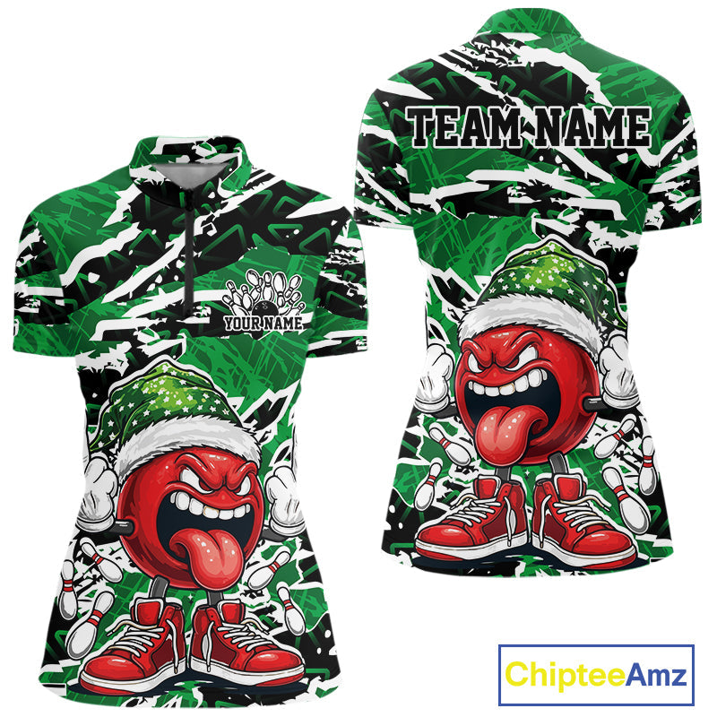 Custom Funny Christmas Bowling Women Quarter-Zip Shirts, Crazy Bowling Ball Xmas Outfit IPHW10132