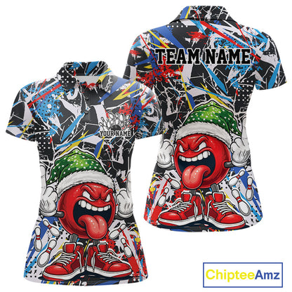 Custom Funny Colorful Christmas Bowling Women Polo Shirts, Crazy Ball Xmas Outfit IPHW10133