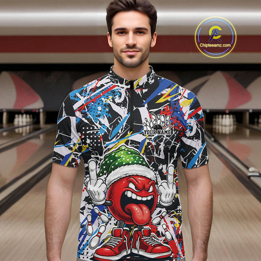 Custom Funny Colorful Christmas Bowling Men Quarter-Zip Shirts, Crazy Bowling Ball Xmas Outfit IPHW10133
