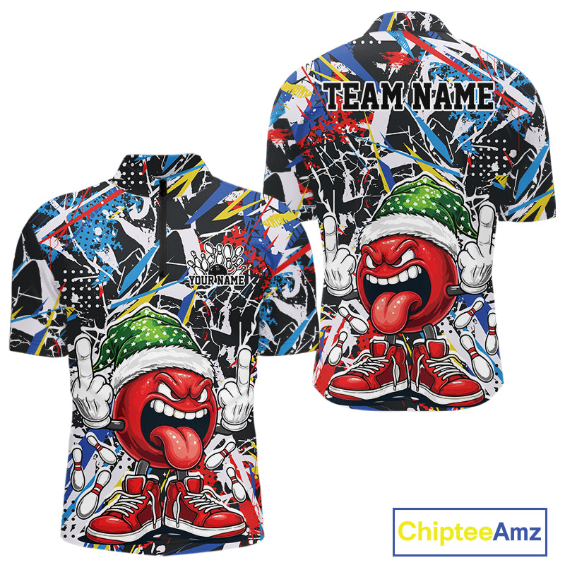 Custom Funny Colorful Christmas Bowling Men Quarter-Zip Shirts, Crazy Bowling Ball Xmas Outfit IPHW10133