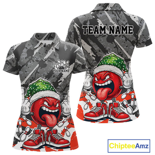 Custom Funny Christmas Bowling Women Polo Shirts, Crazy Bowling Ball Xmas Outfit IPHW10134