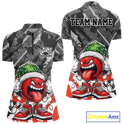 Custom Funny Christmas Bowling Women Quarter-Zip Shirts, Crazy Bowling Ball Xmas Outfit IPHW10134