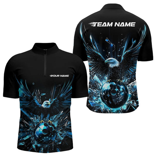 Black And Blue Eagle Break Glass Custom Bowling Quarter-Zip Shirts For Men, Bowling Team Shirt IPHW8396