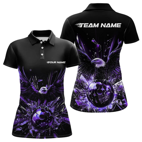 Black And Purple Eagle Break Glass Custom Bowling Polo Shirts For Women, Bowling Team Shirt IPHW8397