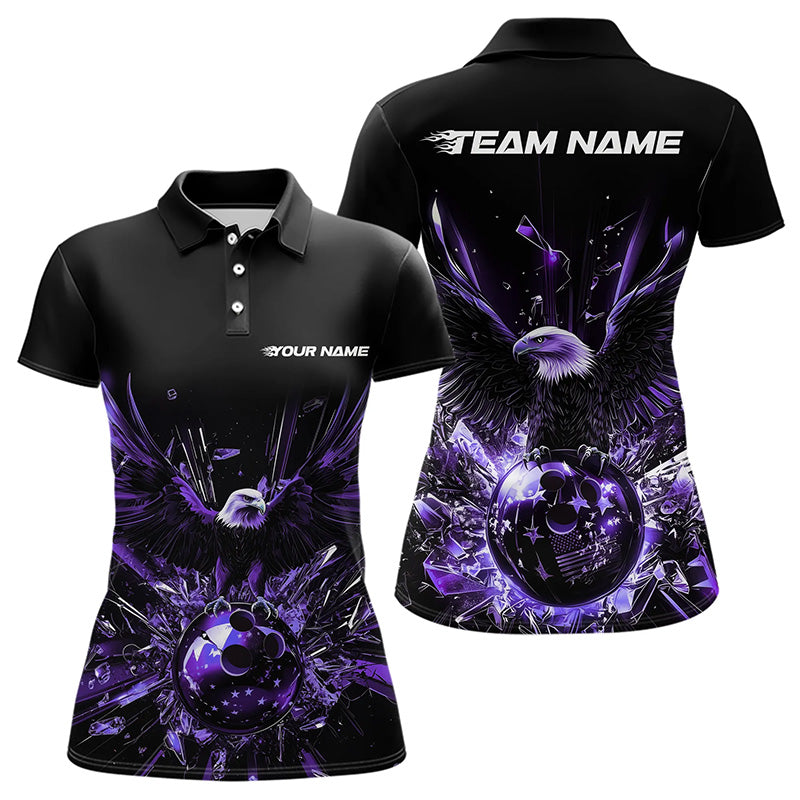 Black And Purple Eagle Break Glass Custom Bowling Polo Shirts For Women, Bowling Team Shirt IPHW8397