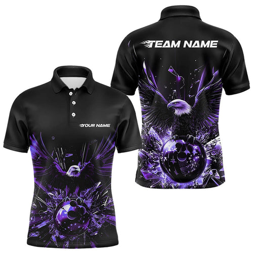 Black And Purple Eagle Break Glass Custom Bowling Polo Shirts For Men, Bowling Team Shirt IPHW8397