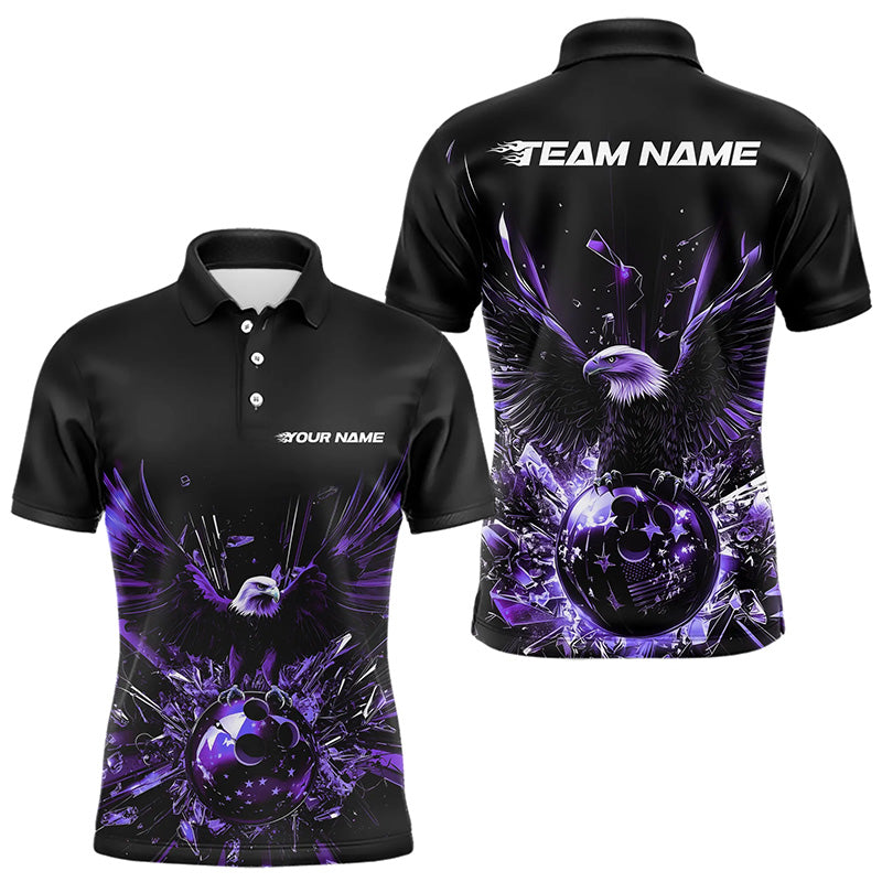 Black And Purple Eagle Break Glass Custom Bowling Polo Shirts For Men, Bowling Team Shirt IPHW8397