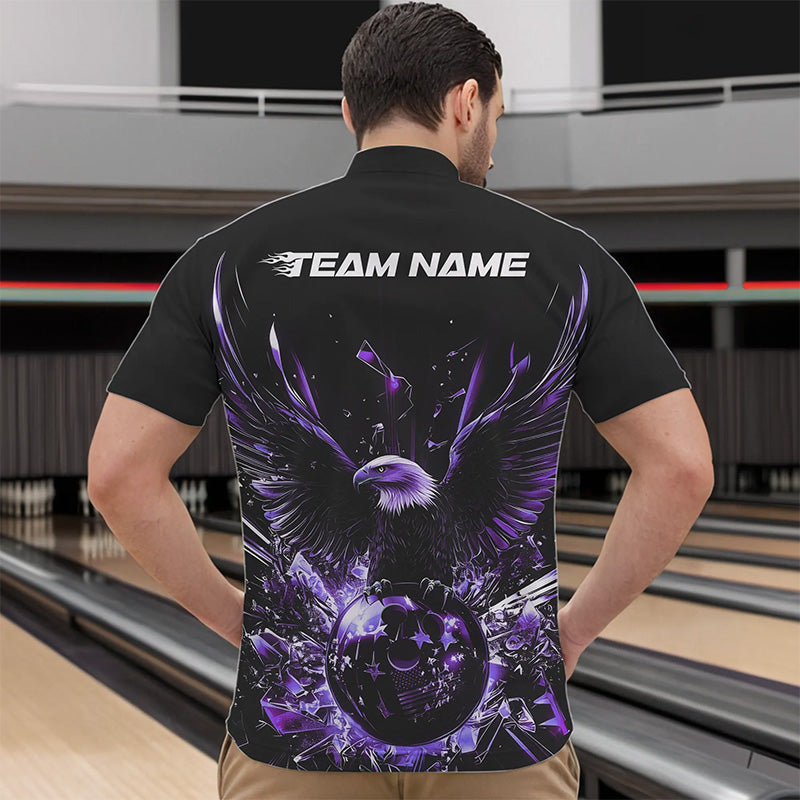 Black And Purple Eagle Break Glass Custom Bowling Quarter-Zip Shirts For Men, Bowling Team Shirt IPHW8397