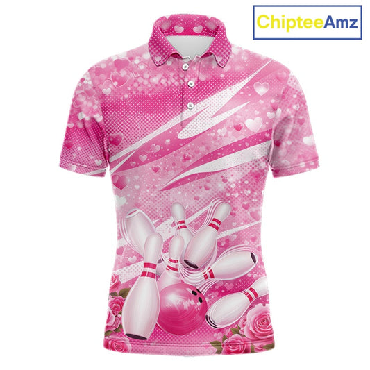 Custom Pink Heart Valentine Bowling Couples Shirt, Heart And Roses Bowling Husband And Wife Gifts With Name IPHW10516