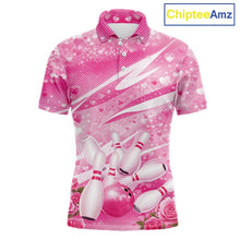 Load image into Gallery viewer, Custom Pink Heart Valentine Bowling Couples Shirt, Heart And Roses Bowling Husband And Wife Gifts With Name IPHW10516