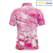 Load image into Gallery viewer, Custom Pink Heart Valentine Bowling Couples Shirt, Heart And Roses Bowling Husband And Wife Gifts With Name IPHW10516