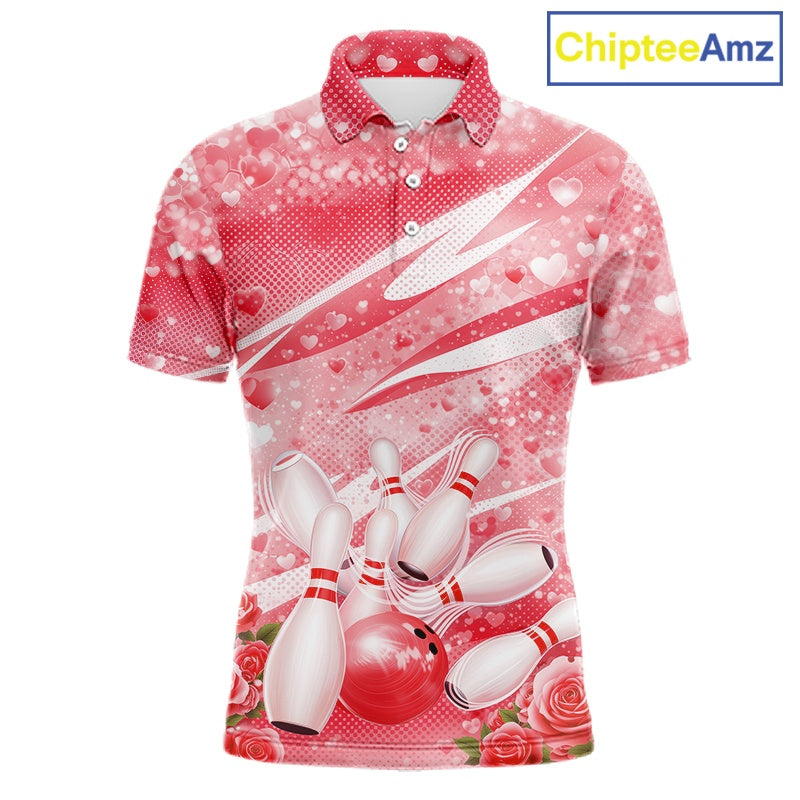 Custom Red Heart Valentine Bowling Couples Shirt, Heart And Roses Bowling Husband And Wife Gifts With Name IPHW10517