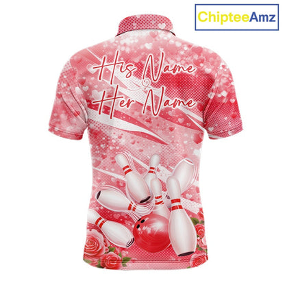 Custom Red Heart Valentine Bowling Couples Shirt, Heart And Roses Bowling Husband And Wife Gifts With Name IPHW10517