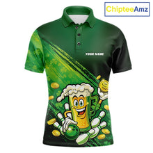 Load image into Gallery viewer, Custom Funny St Patricks Day Beer Bowling Team Shirts, Green Shamrock And Gold Coin Bowling Jerseys IPHW10520
