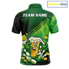 Load image into Gallery viewer, Custom Funny St Patricks Day Beer Bowling Team Shirts, Green Shamrock And Gold Coin Bowling Jerseys IPHW10520