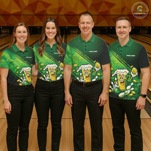Load image into Gallery viewer, Custom Funny St Patricks Day Beer Bowling Team Shirts, Green Shamrock And Gold Coin Bowling Jerseys IPHW10520