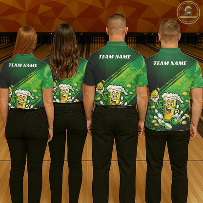 Custom Funny St Patricks Day Beer Bowling Team Shirts, Green Shamrock And Gold Coin Bowling Jerseys IPHW10520