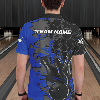 Custom Black And Blue Flame Bowling Polo Shirts For Men, Bowling Tournament Team Uniform IPHW8617