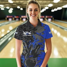 Load image into Gallery viewer, Custom Black And Blue Flame Bowling Polo Shirts For Women, Bowling Tournament Team Uniform IPHW8617