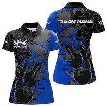 Load image into Gallery viewer, Custom Black And Blue Flame Bowling Polo Shirts For Women, Bowling Tournament Team Uniform IPHW8617