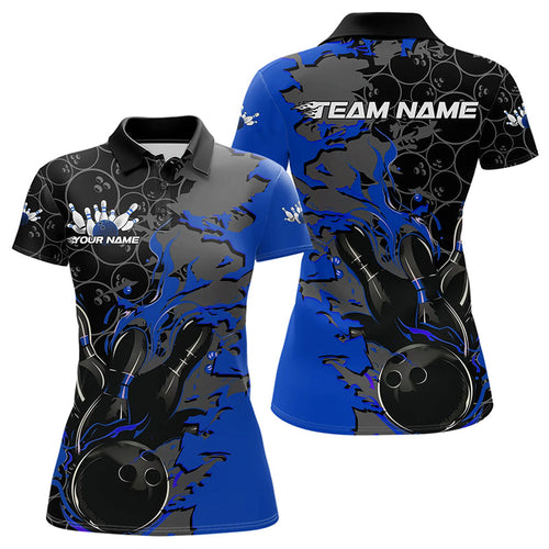 Custom Black And Blue Flame Bowling Polo Shirts For Women, Bowling Tournament Team Uniform IPHW8617