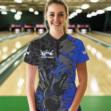 Load image into Gallery viewer, Custom Black And Blue Flame Bowling Womens Quarter-Zip Shirt, Bowling Tournament Uniform IPHW8617