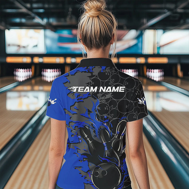 Custom Black And Blue Flame Bowling Womens Quarter-Zip Shirt, Bowling Tournament Uniform IPHW8617