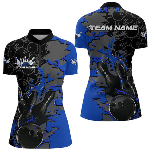 Custom Black And Blue Flame Bowling Womens Quarter-Zip Shirt, Bowling Tournament Uniform IPHW8617