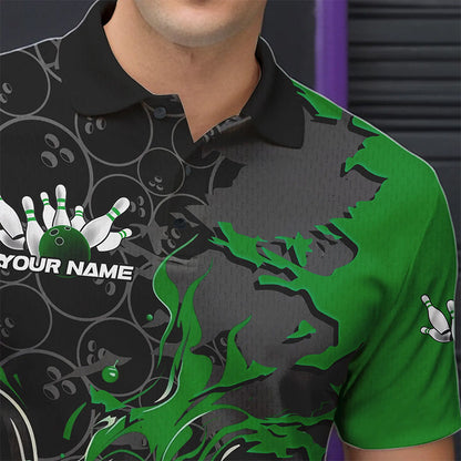 Custom Black And Green Flame Bowling Polo Shirts For Men, Bowling Tournament Team Uniform IPHW8618