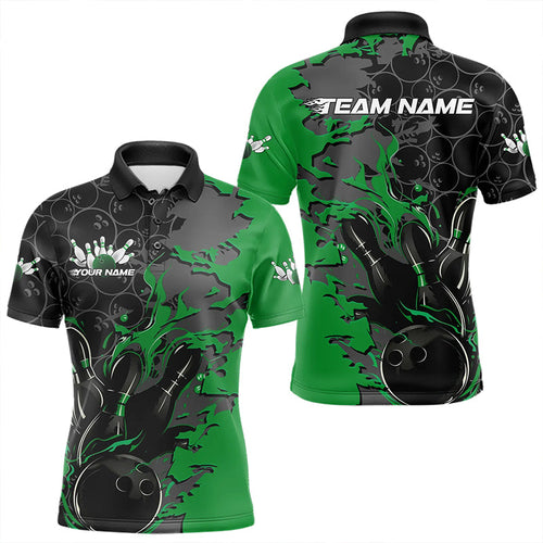 Custom Black And Green Flame Bowling Polo Shirts For Men, Bowling Tournament Team Uniform IPHW8618