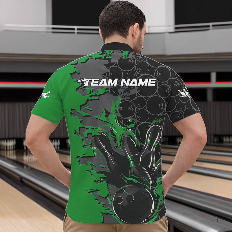 Custom Black And Green Flame Bowling Quarter-Zip Shirts For Men, Bowling Tournament Team Uniform IPHW8618