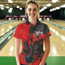 Load image into Gallery viewer, Custom Black And Red Splatter Camo Flame Bowling Polo Shirt For Women, Bowling Team Uniform IPHW8625