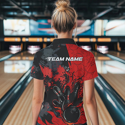 Custom Black And Red Splatter Camo Flame Bowling Polo Shirt For Women, Bowling Team Uniform IPHW8625