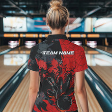 Load image into Gallery viewer, Custom Black And Red Splatter Camo Flame Bowling Polo Shirt For Women, Bowling Team Uniform IPHW8625