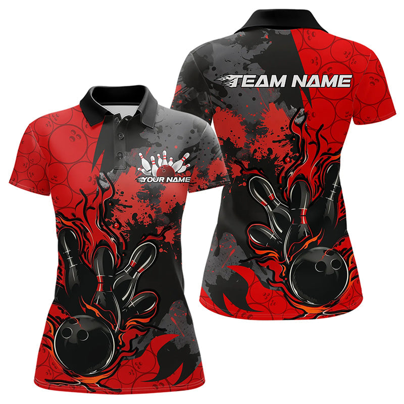 Custom Black And Red Splatter Camo Flame Bowling Polo Shirt For Women, Bowling Team Uniform IPHW8625