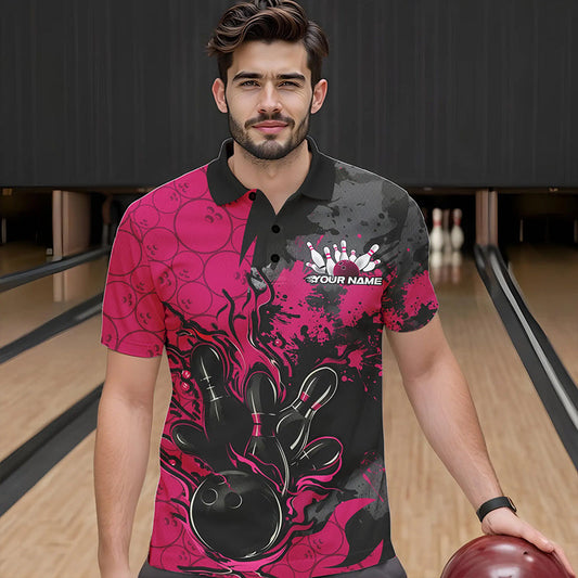Custom Black And Pink Splatter Camo Flame Bowling Polo Shirts For Men, Bowling Team Uniform IPHW8626