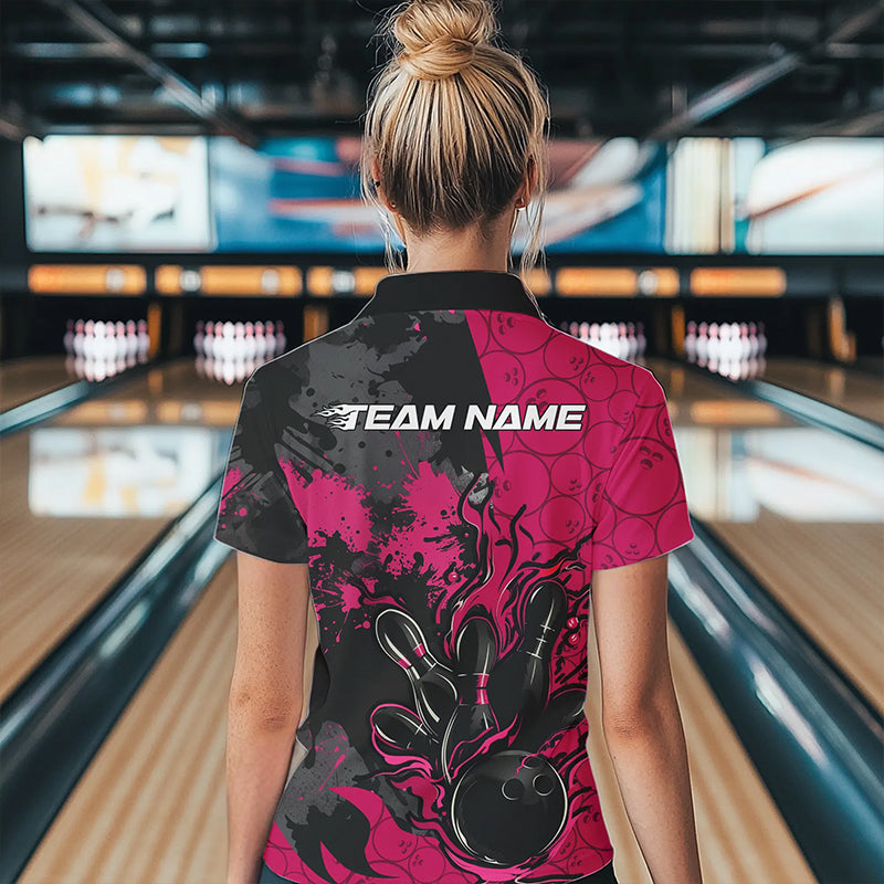 Custom Black And Pink Splatter Camo Flame Bowling Polo Shirt For Women, Team Uniform IPHW8626