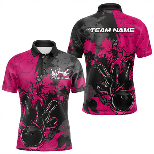 Custom Black And Pink Splatter Camo Flame Bowling Polo Shirts For Men, Bowling Team Uniform IPHW8626