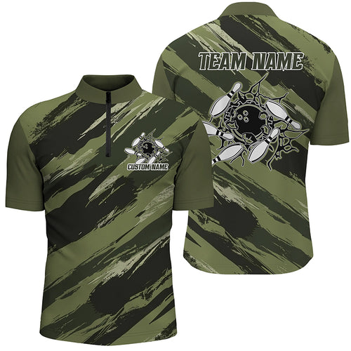 Custom Navy Green Camo Bowling Shirts For Men And Women, Bowling Strike Team Shirts IPHW6449