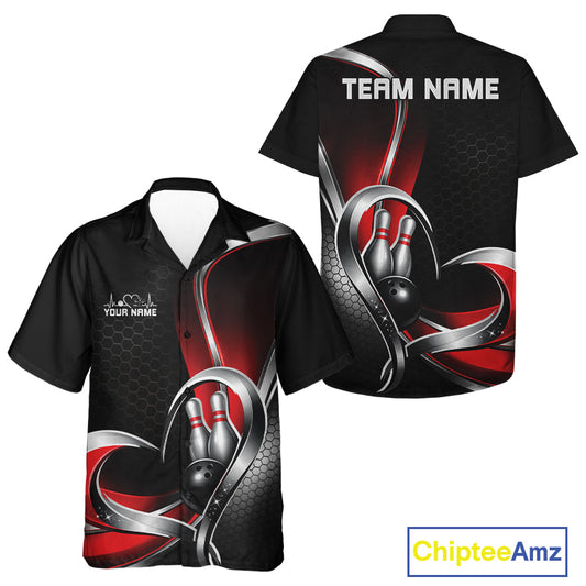 Front and back view of a button-up bowling shirt mockup in black and red, featuring a honeycomb pattern with a heart-shaped bowling strike illustration.