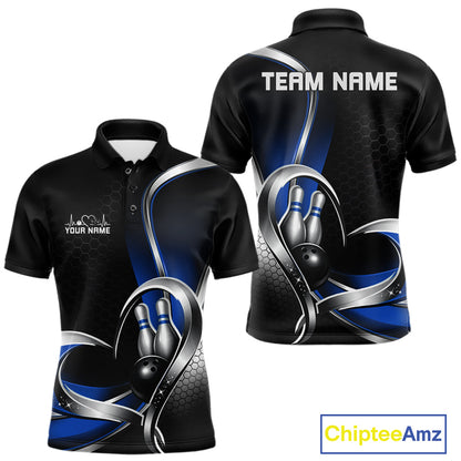 Front and back view of a mens bowling polo shirt mockup in black and blue, featuring honeycomb pattern with a heart-shaped bowling strike illustration.