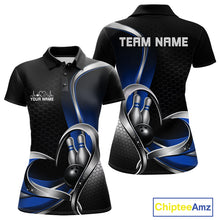 Load image into Gallery viewer, Custom Black And Blue Heart Bowling Women Polo Shirt, Hexagon Bowling Team Jerseys IPHW11307