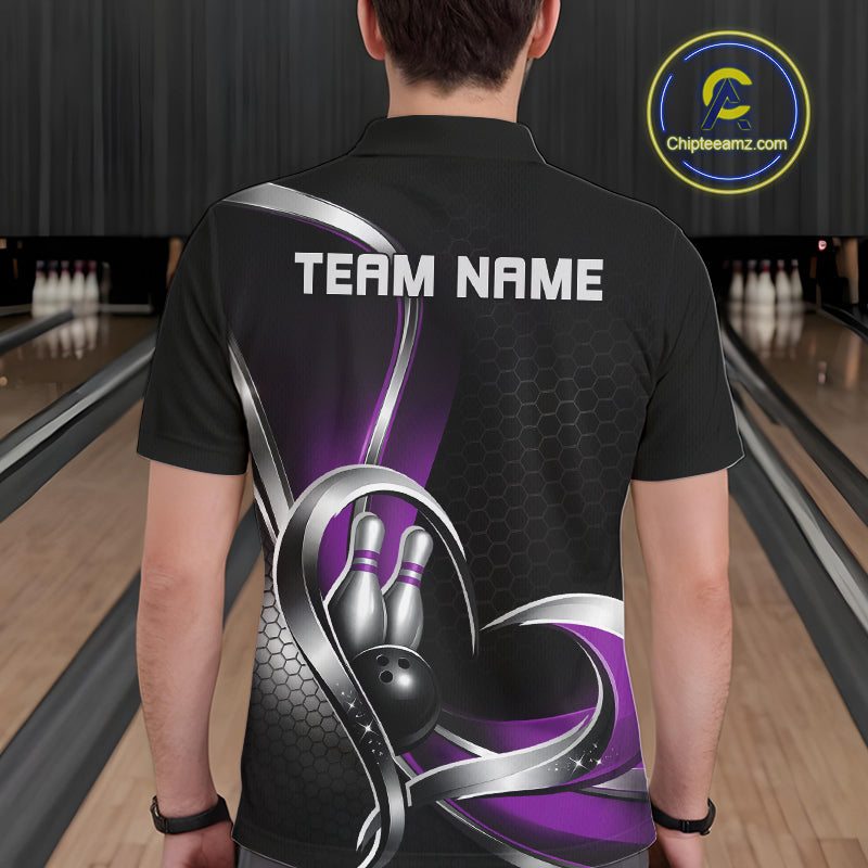 Back view of a male model in a bowling venue wearing a black and purple polo shirt, showcasing honeycomb pattern and heart-shaped bowling action design.