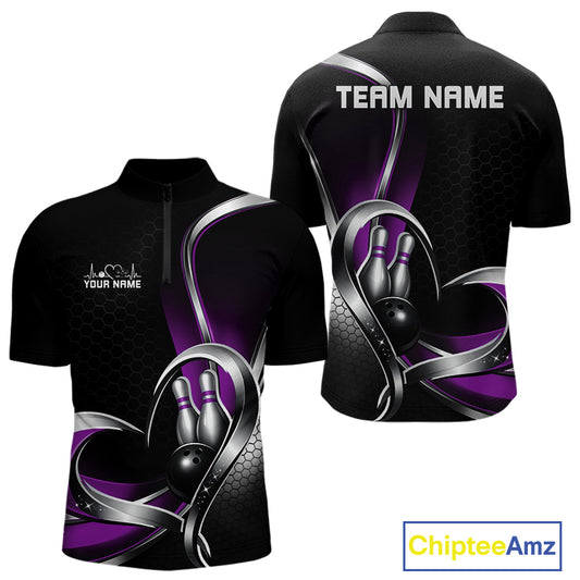 Front and back view of a mens bowling quarter zip shirt mockup in black and purple, featuring a honeycomb pattern with a heart-shaped design around a black bowling ball and pins.