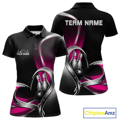 Front and back view of a womens bowling polo shirt mockup in black and pink, featuring honeycomb pattern with a heart-shaped bowling ball and pins design.