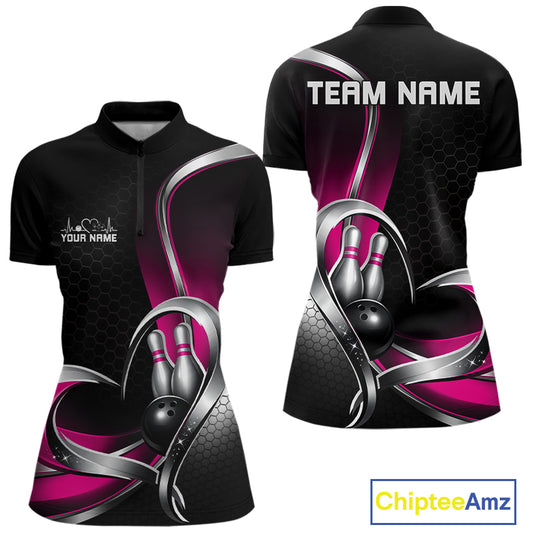 Front and back view of a womens quarter zip bowling shirt mockup in black and pink, featuring a honeycomb pattern with a heart framing a black bowling ball and pins.