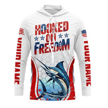 Load image into Gallery viewer, American Flag Marlin Custom Long Sleeve Fishing Shirts, Hooked On Freedom Patriotic Fishing Jerseys IPHW6813